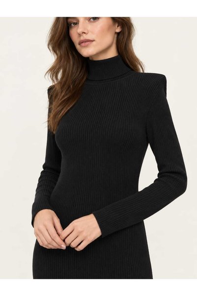 ASEZ BUTİK ZERAFETİN ADRESİ Asez Boutique Women's Black Turtleneck Padded Long Sleeve Ribbed Knit Dress