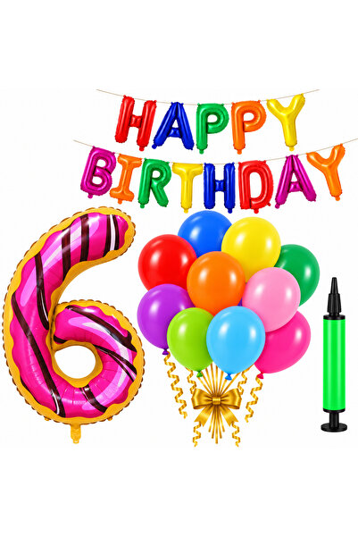 genaja Set Baloane Aniversare Happy Birthday Multicolor + Cifra 6 Donut, 10 B...
