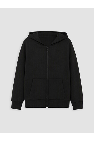 LC Waikiki Black Hooded Girls' Soft Touch Zippered Sweatshirt