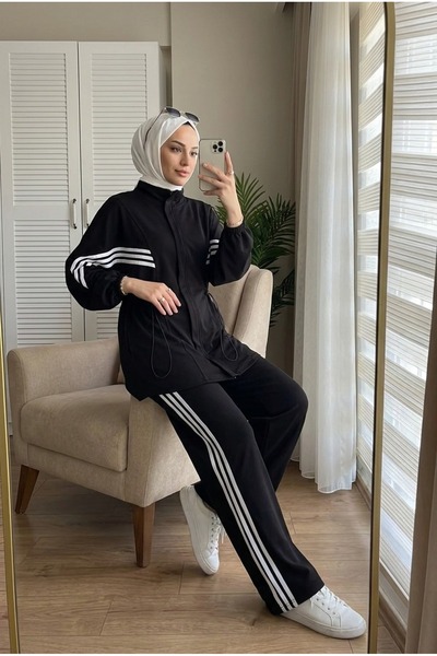 PALME D'OR طقم نسائي من قطعتين بتصميم إسلامي، تونيك برباط وسحاب، وبنطلون واسع الساق بتفاصيل مخططة
