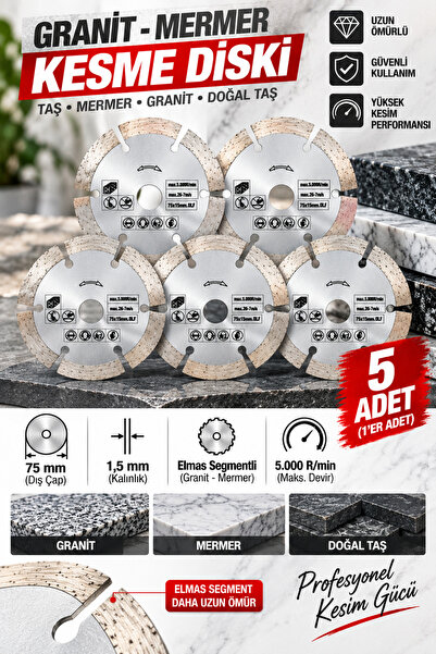 DynamicTech Granit Mermer Kesme Diski 75 mm Elmas Segmentli Doğal Taş Kesim 5'li Set 1,5 mm Profesyonel