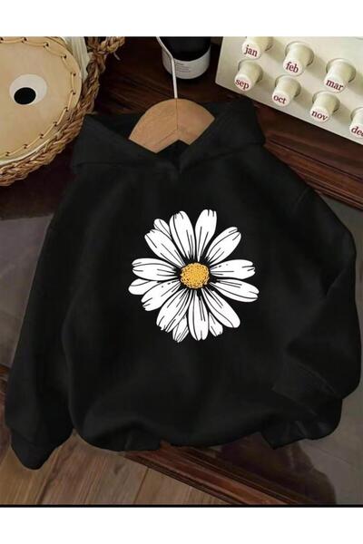 MORNİNG KİDS Kız Çocuk 3'lü Paket Kapşonlu Papatyalar ve Kelebek Baskılı Sweatshirt (Pembe-Siyah-Gri)