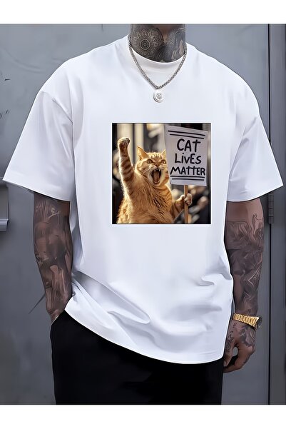 AEMİ Unisex Cat Lives Matter Printed Oversize Crew Neck Quality T-Shirt