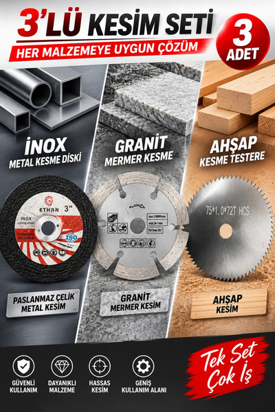 DynamicTech 3'lü Kesim Seti 75mm İnox Metal Granit Mermer Ahşap Kesme Diski Taşlama 1'er Adet Profesyonel