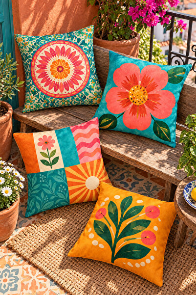 SasoHome Bloomora | Renkli Çiçek ve Modern Botanik Desenli 4’lü Dekoratif Kır...