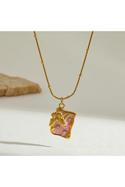 Peach Jewelry Μενταγιόν Πεταλούδα Ορθογώνιο Ροζ Με Ζιρκόν Ανοξείδωτο Ατσάλι 304