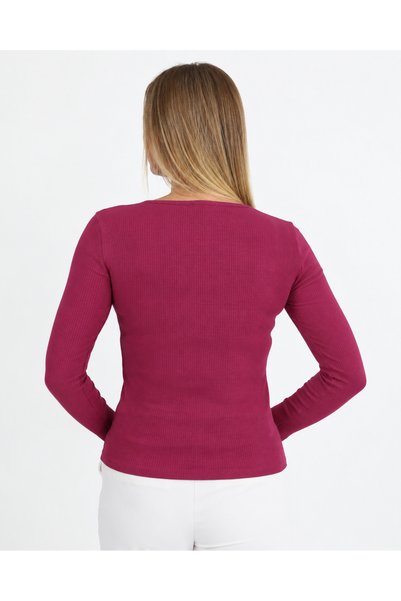 HDM Kadın Bordo Uzun Kollu Fitilli Patlı Çıtçıtlı Basic Örme Bluz - H6172