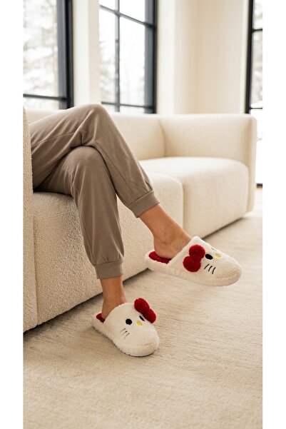 Beyond Women's Red Hello Motif Furry House Slippers 3 cm Byndti̇mjhk01