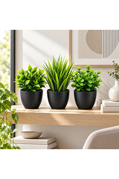 ARVALE 3’lü Yapay Bitki Saksı Seti – Siyah Saksılı Dekoratif Mini Yapay Çiçek...