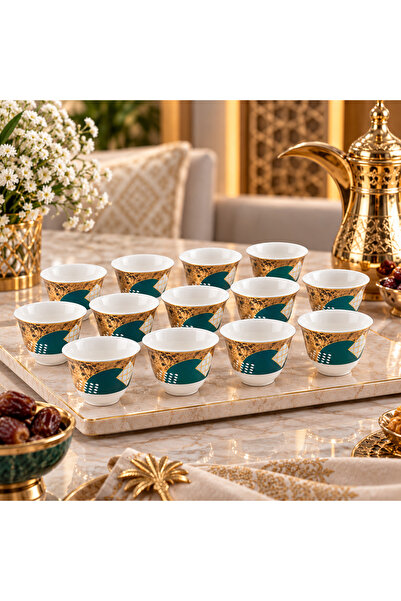 Dania Porcelain Arabic Coffee Cup Set 12Pcs - Luxury Gold & Green Design - El...