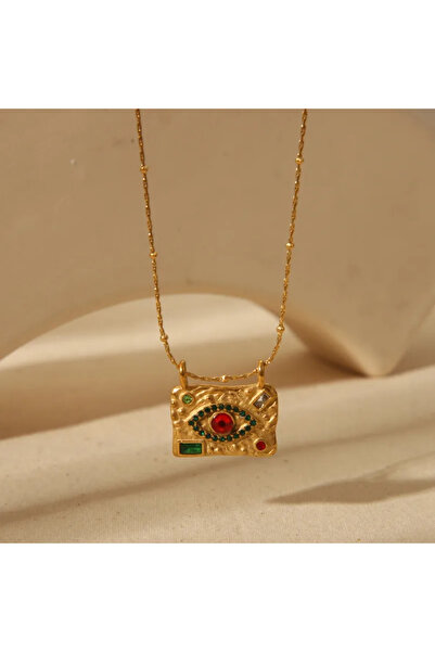 Peach Jewelry Μενταγιόν Μάτι Ορθογώνιο Ανάγλυφο Με Χρωματιστά Ζιρκόν Ανοξείδω...