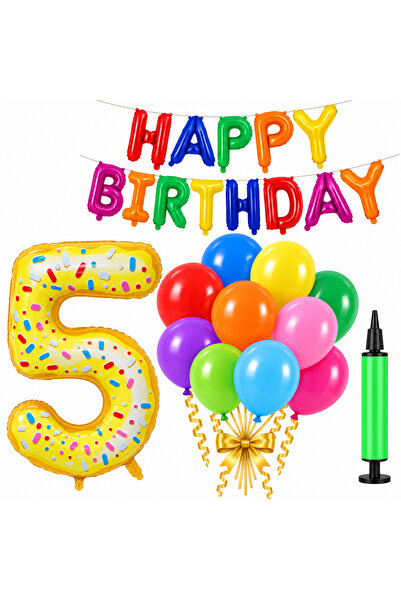 genaja Set Baloane Aniversare Happy Birthday Multicolor + Cifra 5 Donut, 10 B...