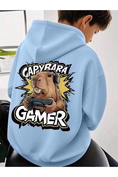MORNİNG KİDS سويت شيرت للأولاد بغطاء رأس مطبوع عليه Gamer Capy Bara (على الظه...