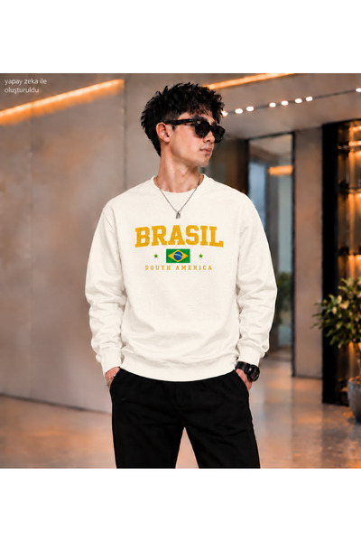 caddekombin سويت شيرت رجالي من Brasil مطبوع عليه علم البرازيل وياقة دائرية وق...