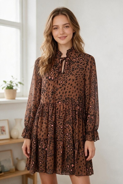 OEM Rochie scurta lejera din sifon cu imprimeu animal print, guler inalt cu v...