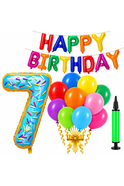 genaja Set Baloane Aniversare Happy Birthday Multicolor + Cifra 7 Donut, 10 B...