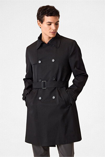 Back And Bond Belted Regular Fit Water Repellent Black Trench Coat