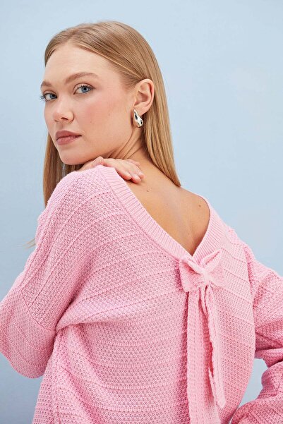 Fulla Moda Crew Neck Knit Sweater with Bow Detail on the Back