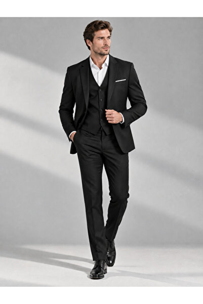 Generic Men's Slim Fit Black 3-Piece Suit Set – Jacket, Vest and Matching Tro...