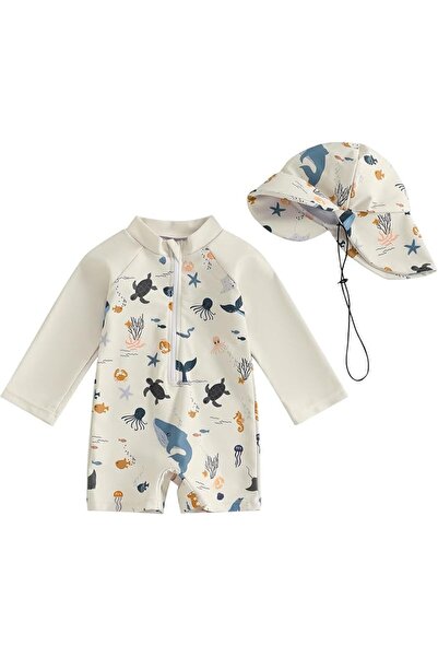 GENERAL Toddler Boy One Piece Swimsuit Marine Animal Print Half Zipper Long S...