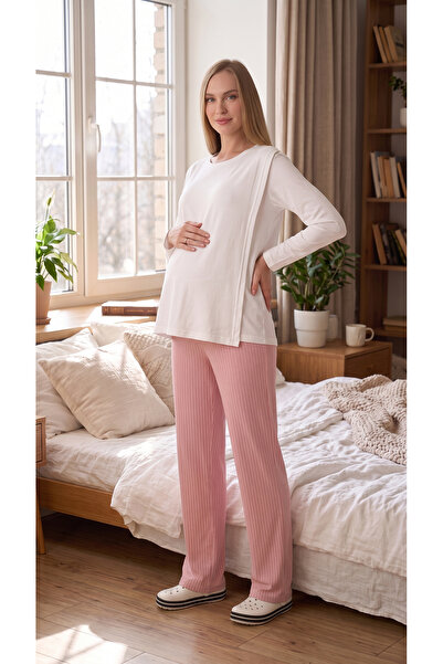 ERDENİZ TEKSTİL Adjustable Waist Maternity Pajama Set with Hidden Nursing Fea...