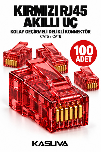 Kasliva 100 Pcs Red Rj45 Smart End - Easy Pass through Hole Connector Cat5 Cat6