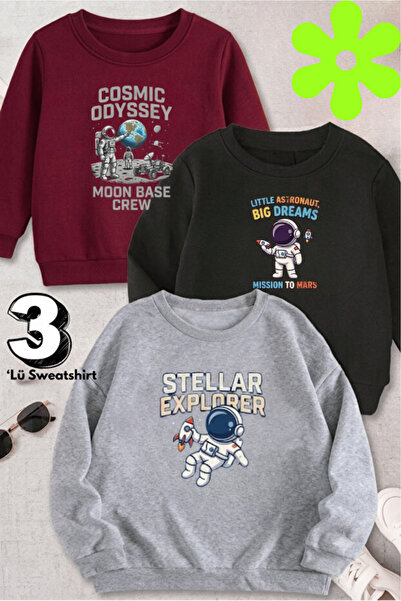 Astronot Tasarımlı 3'lü Pamuk Erkek Çocuk Sweatshirt