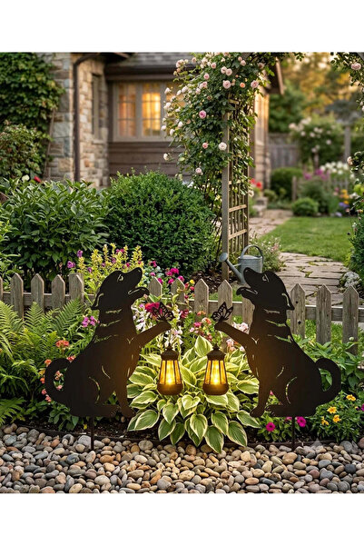 Vivendo Set 2 Decoratiuni Solare de Gradina, Model Catelus cu Felinar LED si ...