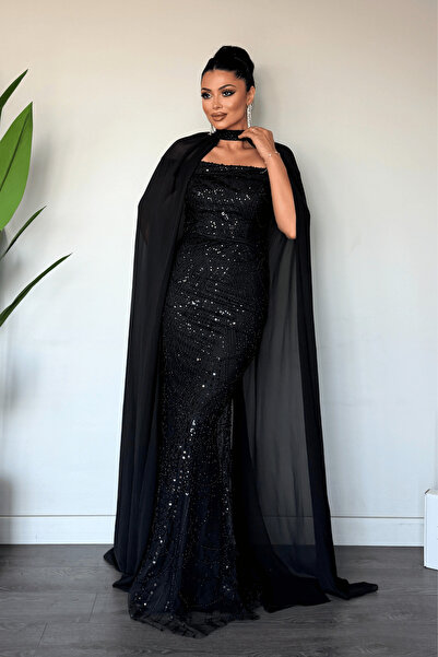 giyimmasalı Full Beaded Fabric Cape Detailed Evening Dress - Black