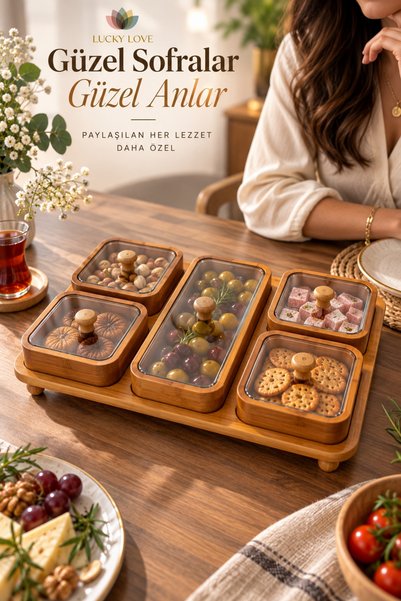 Lucky Love 5-Compartment Acacia Wood Serving Set with Transparent Lid, Presentation Container, Breakfast Nuts and Snacks Bowl