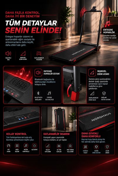 ESTİ Titreşim Modlu Yürüyüş ve Koşu Bandı – Katlanabilir, Bluetooth Hoparlörlü, Manuel Eğim - Kırmızı