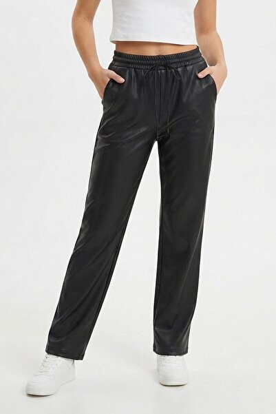 Şeker Portakalım Women's High Waist Elastic and Lace-Up Black Faux Leather Co...