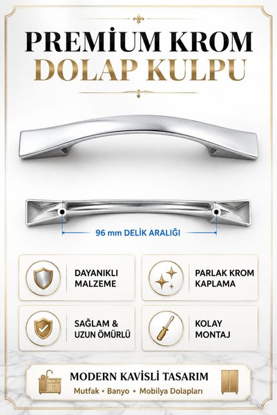 96 mm Sülün Krom Mobilya Kulpu | Mutfak Dolabı, Çekmece, Gardırop, Komodin ve Banyo Dolabı İçin Şık Parlak Krom Kulp