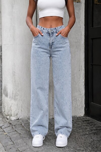 BİENAL BUTİK Ledel High Waist Ice Blue Wide Leg Palazzo Jeans Lycra Stretch D...
