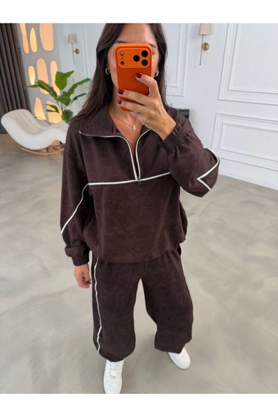 Elif Özbey Butik Kahverengi Biyeli Yarım Fermuarlı Takım