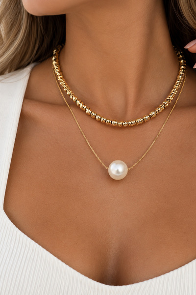 Modex Golden dorika bead and pearl tipped double necklace