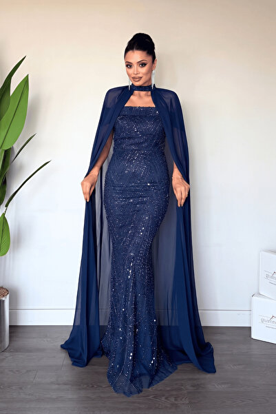 giyimmasalı Full Beaded Fabric Cape Detailed Evening Dress - Dark Blue