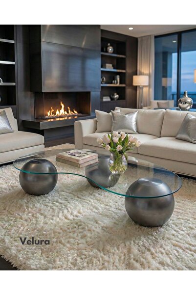 Velura Home & Living Küre Orta Sehpa & Top Sehpa - Silver - Fasulye - Cam