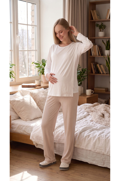ERDENİZ TEKSTİL Adjustable Waist Maternity Pajama Set with Hidden Nursing Fea...