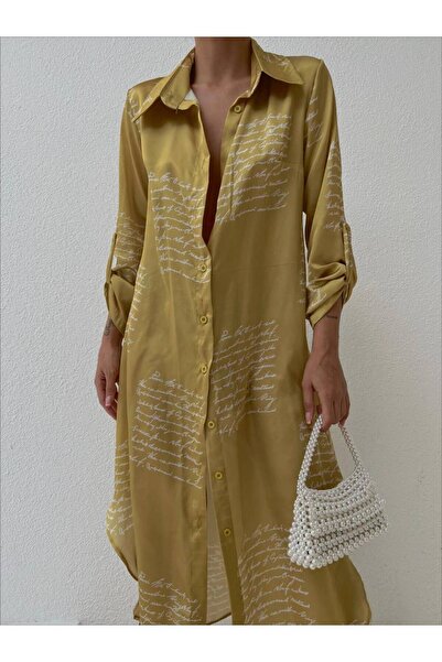 mass fashion Kadın Saten Yazı Desenli Gömlek Elbise