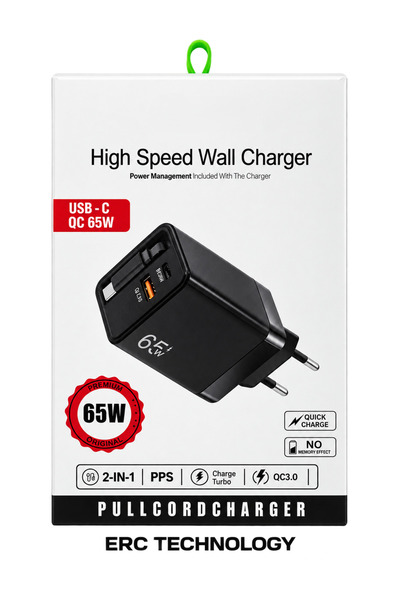 ERCTECH ERC 65W Hızlı Şarj Adaptörü – 1 Metre Dahili Type-C Kablo, USB-C PD 4...