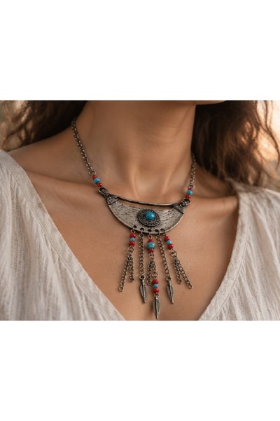 Yaratıcı sanatlar atölyesi Women's Turquoise and Red Beaded Antique Silver Co...