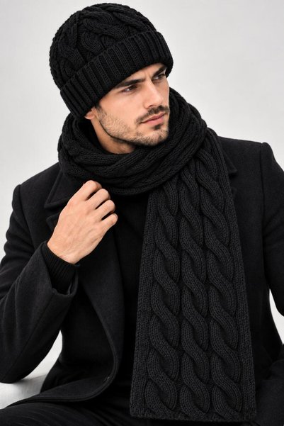 Wearflawless Erkek YÜN Atkı Bere Seti, 2'li Kışlık Yün Saç Örgü Desenli Bere ve Atkı Takımı, Erkek İçin Hediye