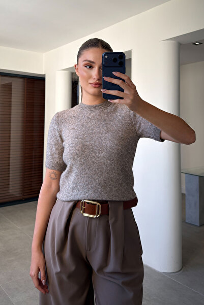 MAGARDE Crew Neck Short Sleeve Knit Sweater - Mink
