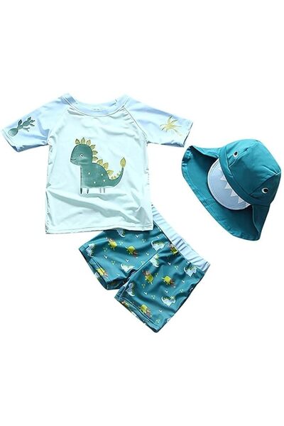 Generic Baby Boys Dinosaur 3-Piece Swimsuit Set, Rash Guard Top with Swim Sho...