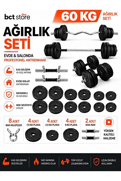 BCT STORE 60 kg Halter-Dambıl Seti Z Barlı Düz Barlı Ağırlık Seti Vücut Geliş...