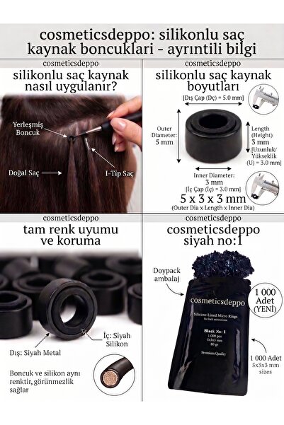 cosmeticsdeppo Saç Kaynak, Tinsel ve Saç Süsü Takma Boncuğu (Siyah -1.000 Adet)