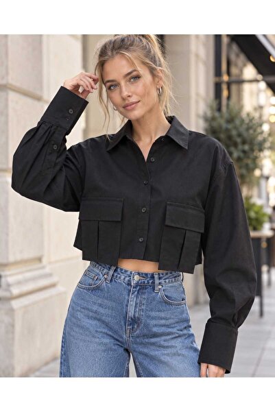 LAVİNİM Women's Black Crop Shirt 100% Cotton Double Cargo Pockets Long Sleeve...