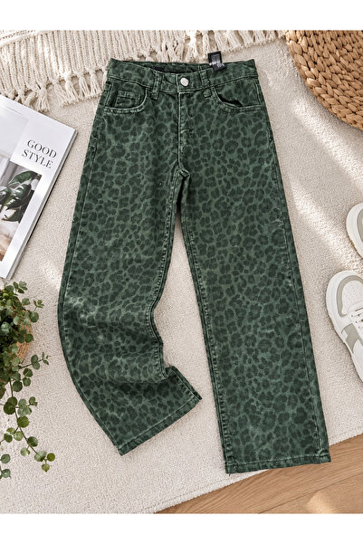Uğur bebe Girls' Green Leopard Print Wide-Leg Jeans – Adjustable Waist, Moder...