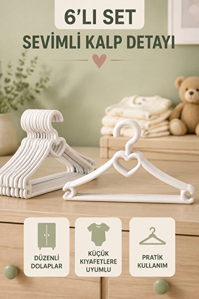 Decorness Bebek Askısı Tatlı Kalp Detaylı Premium Bebek Kıyafet Askısı 6 ADET